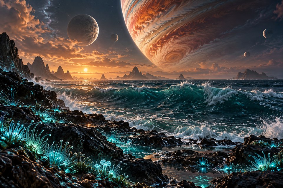 Ocean obcej planety pod rozświetlonym niebem Ocean obcej planety pod rozświetlonym niebem