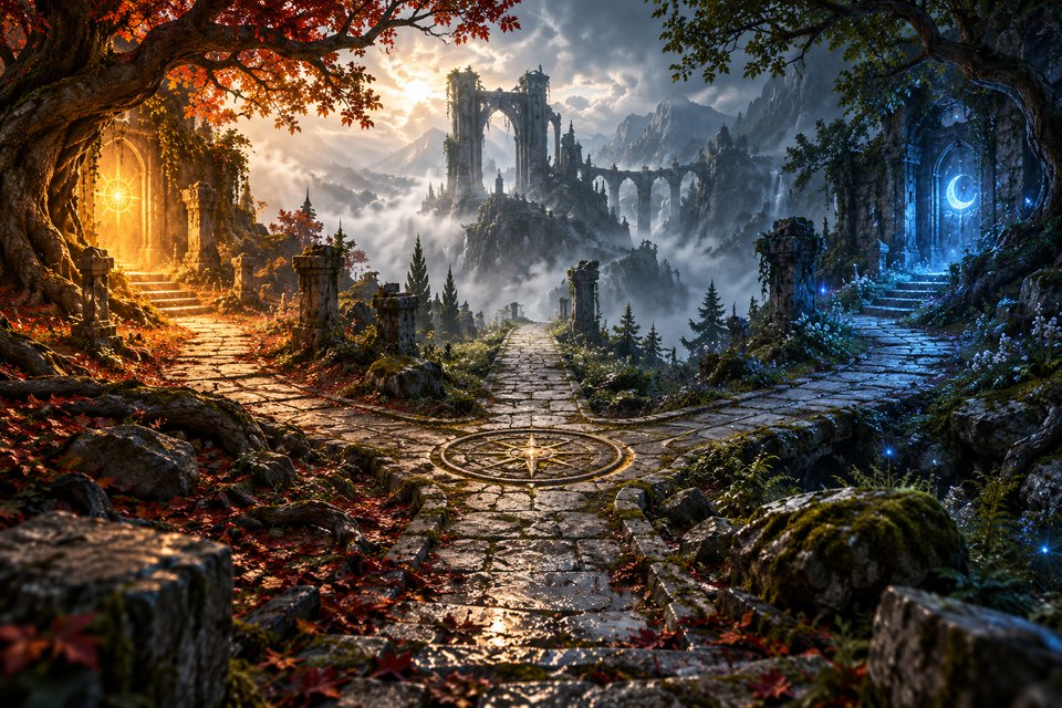 Leśne skrzyżowanie dróg i magiczne światło
